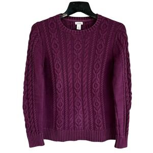 LL Bean Womens Purple Cable Knit 100% Cotton Crewneck Sweater Plum Small